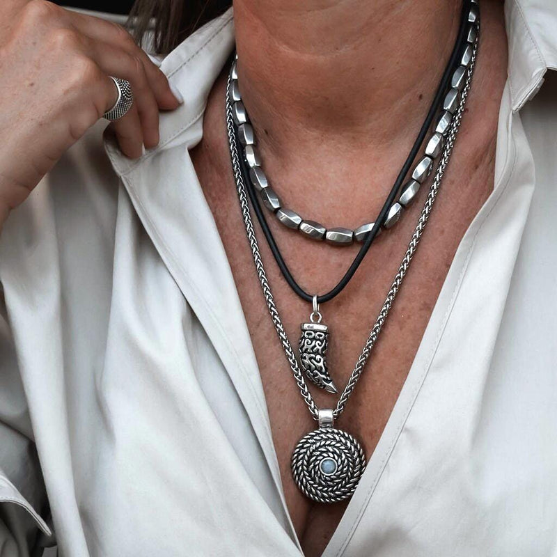Layered leather and metal necklaces, Stacked edgy necklaces, Unisex Statement pieces, Layered pendant, Tooth pendant, semi precious choker