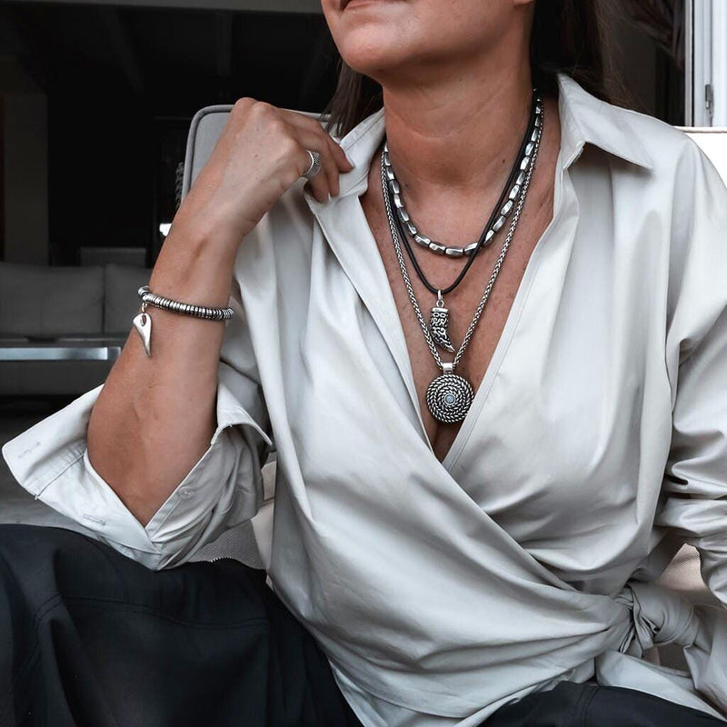 Layered leather and metal necklaces, Stacked edgy necklaces, Unisex Statement pieces, Layered pendant, Tooth pendant, semi precious choker