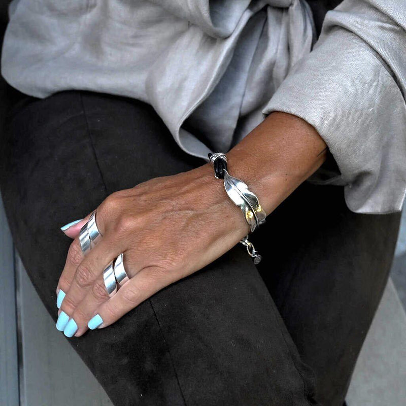 Unode50 style silver leaf necklace, bracelet and ring set, Chunky leaf-shaped jewels