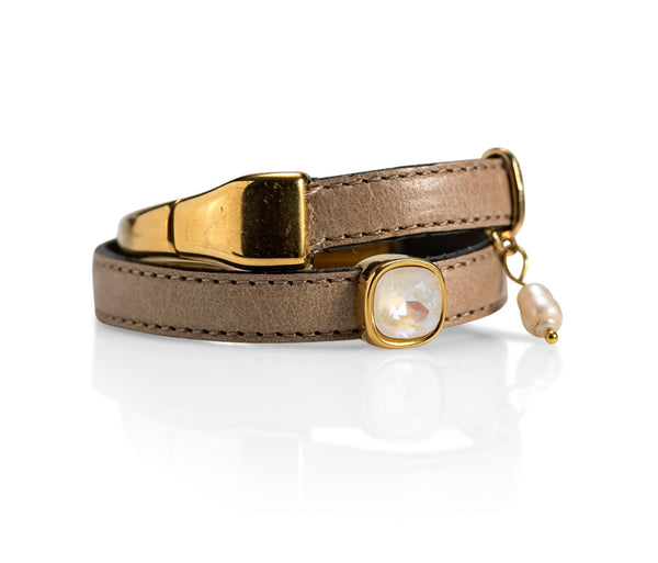 A classy wrap half metal – half leather bracelet, Gold cuff bracelet with magnetic closure