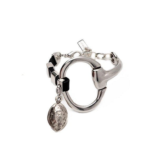 Unode50 style bracelet, Standout black leather and horsebit metal, Equestrian cuff bracelet