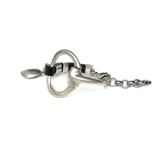 Unode50 style bracelet, Standout black leather and horsebit metal, Equestrian cuff bracelet