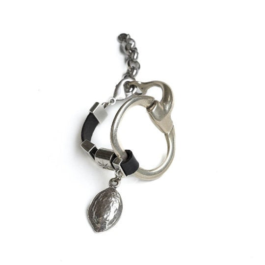 Unode50 style bracelet, Standout black leather and horsebit metal, Equestrian cuff bracelet