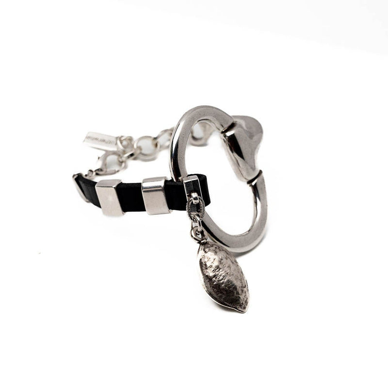 Unode50 style bracelet, Standout black leather and horsebit metal, Equestrian cuff bracelet