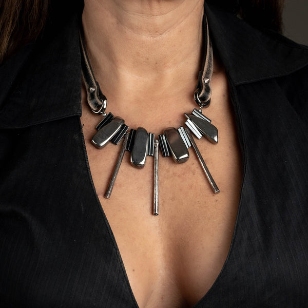 Statement necklace with Agate and Hematite stones, Unique edgy necklace for women, Gift for her