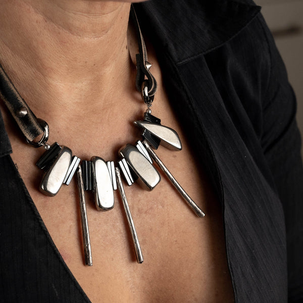Statement necklace with Agate and Hematite stones, Unique edgy necklace for women, Gift for her