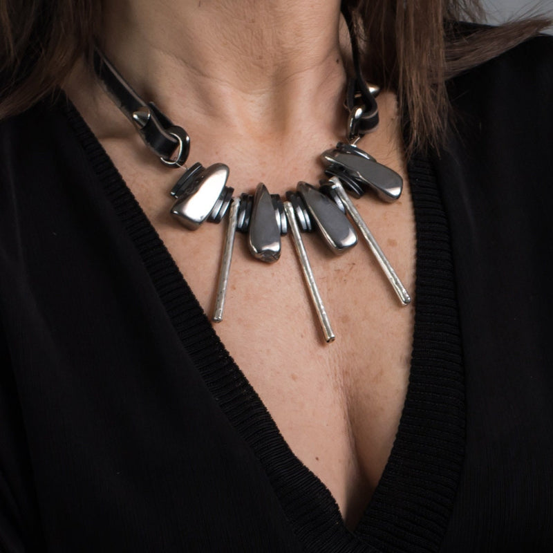 Statement necklace with Agate and Hematite stones, Unique edgy necklace for women, Gift for her
