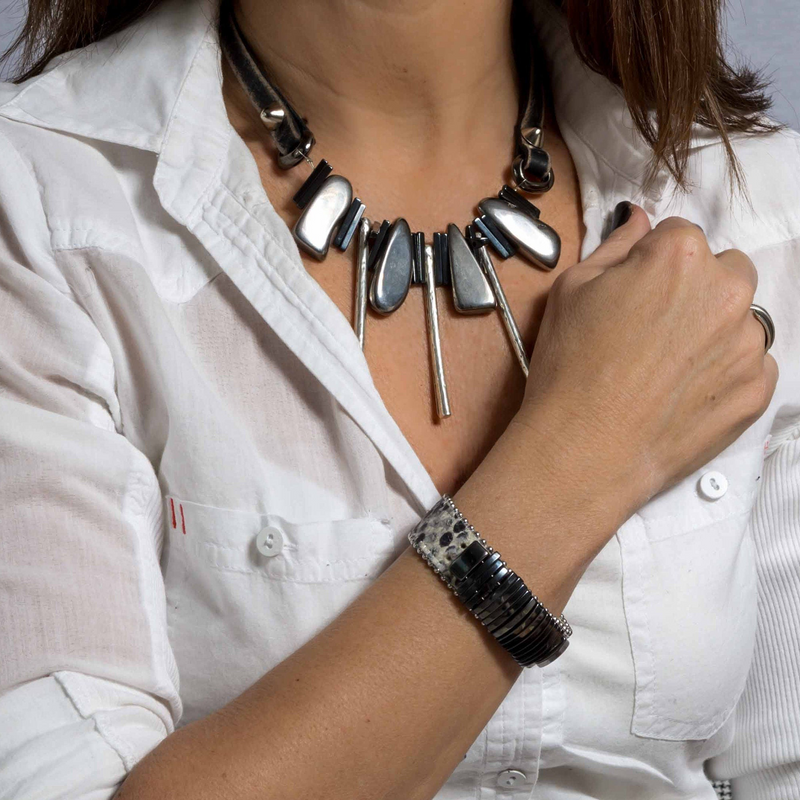 Statement necklace with Agate and Hematite stones, Unique edgy necklace for women, Gift for her