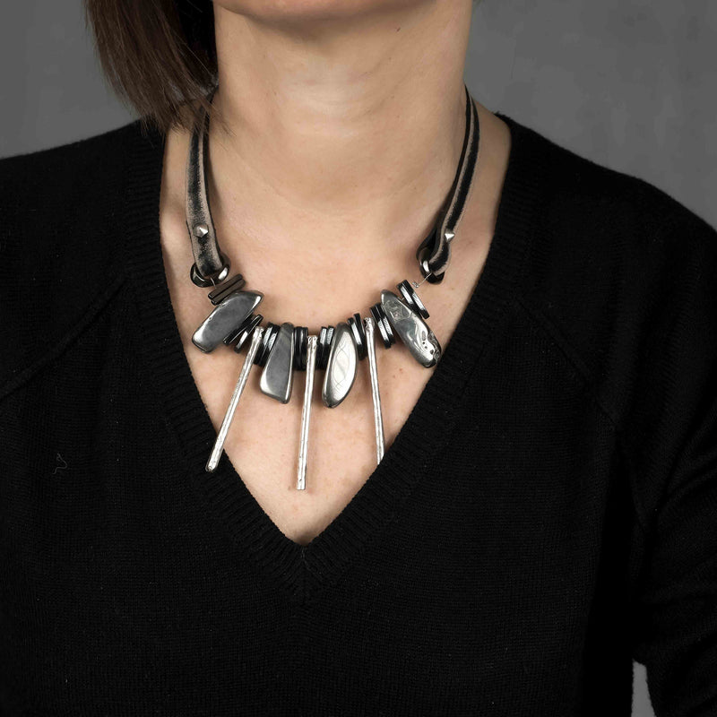 Statement necklace with Agate and Hematite stones, Unique edgy necklace for women, Gift for her