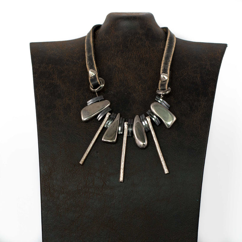 Statement necklace with Agate and Hematite stones, Unique edgy necklace for women, Gift for her