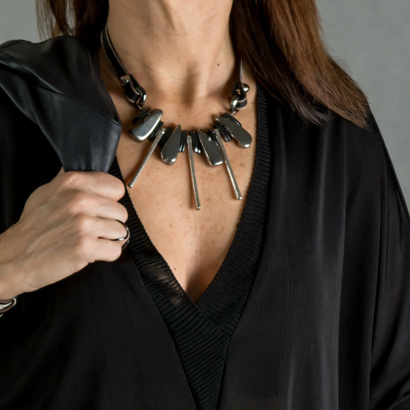 Statement necklace with Agate and Hematite stones, Unique edgy necklace for women, Gift for her