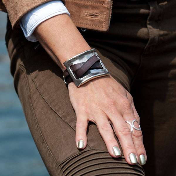 Women's leather and metal bracelet, statement cuff,  bold Zamak metal design, Uno de 50 style bracelet, Great gift for wife, edgy jewelry