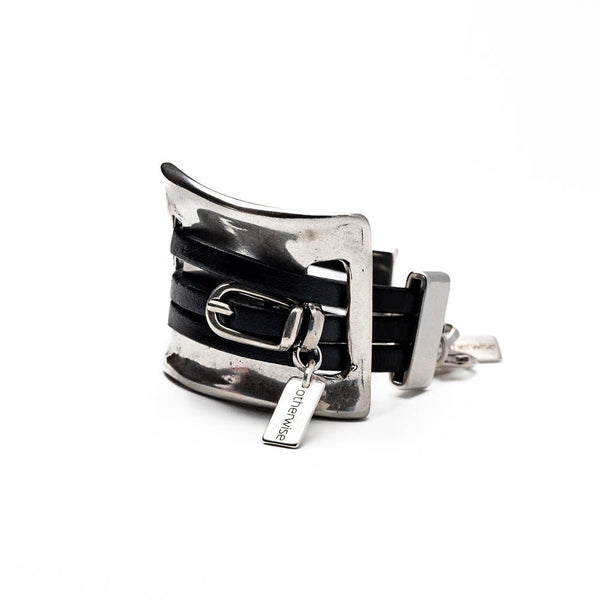 Uno de 50 style statement bracelet, Large metal and leather cuff, Unisex gift, edgy and bold jewelry, Unique standout cuff