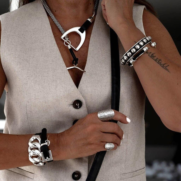 Edgy stirrup snake chain necklace, Bold leather and metal bit choker, Standout equestrian necklace