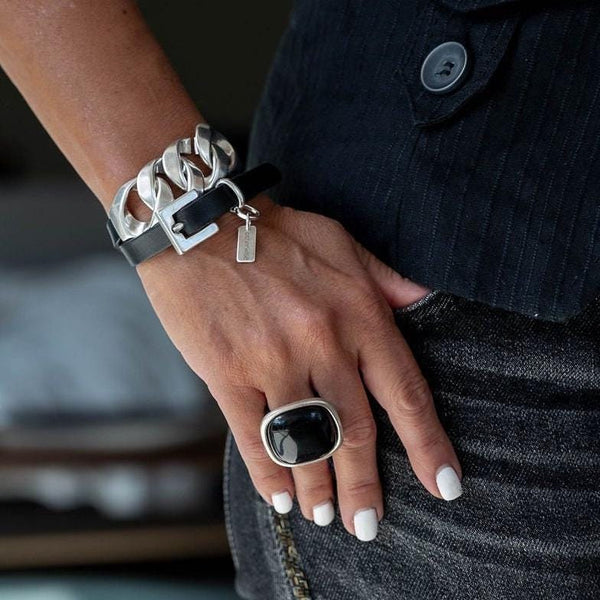 Double wrap leather and chain Bracelet, Chunky link chain cuff with buckle