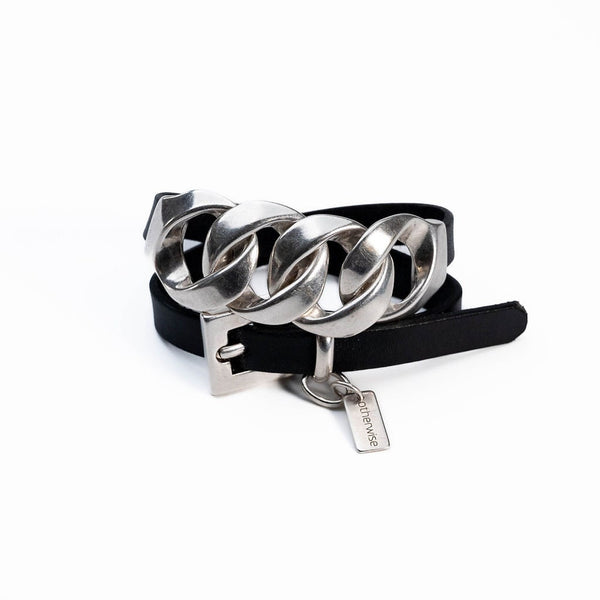 Double wrap leather and chain Bracelet, Chunky link chain cuff with buckle