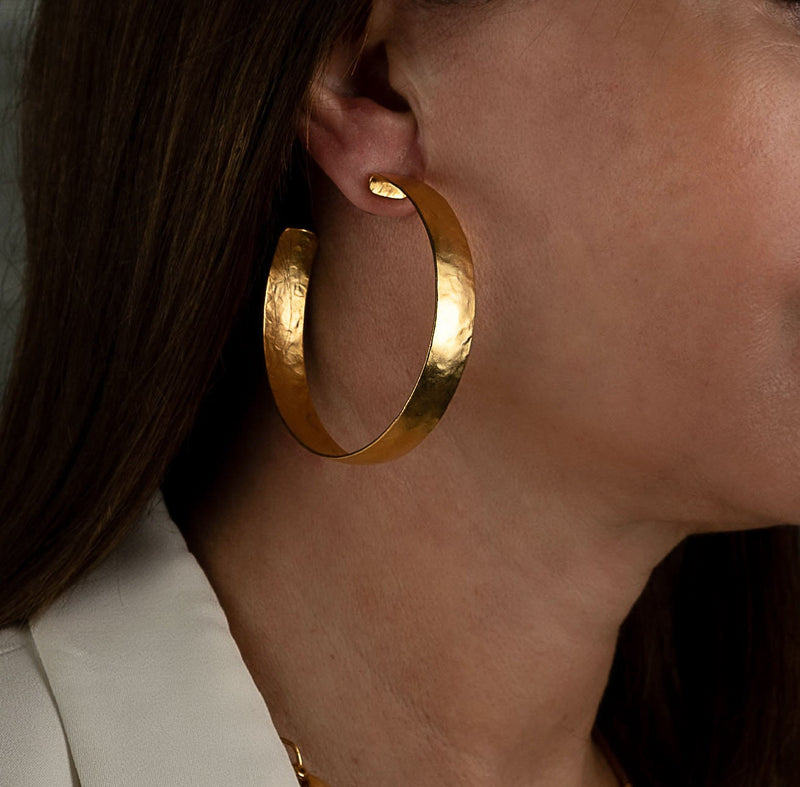 Gold-plated hammered earrings, Classy handmade statement hoop earrings in various sizes