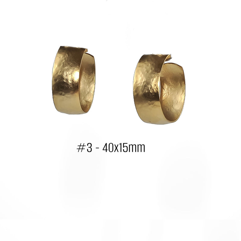 Gold-plated hammered earrings, Classy handmade statement hoop earrings in various sizes