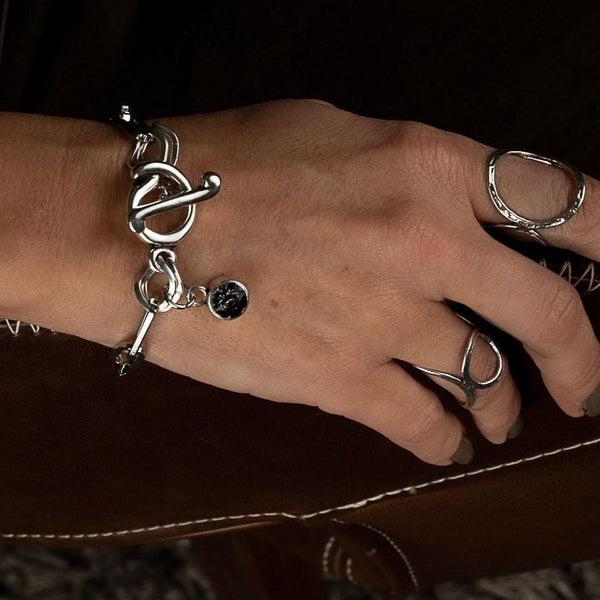 Luxury Austrian crystal pendant bracelet, Chic stainless steel bracelet, Silver oval link chain cuff