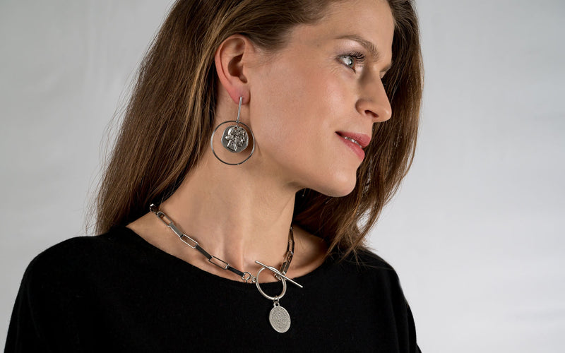 Greek coin earrings with coin pendant, contemporary statement earrings