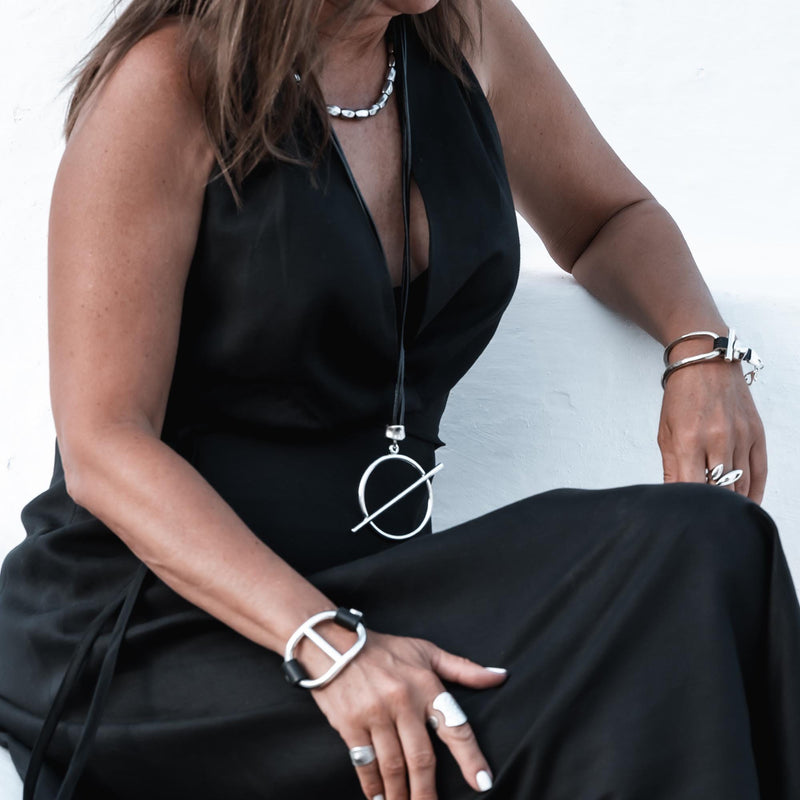 Chunky metal and leather statement Bracelet and Necklace set, Unode50 style cuff and long necklace, Large hoop set, unique standout jewelry