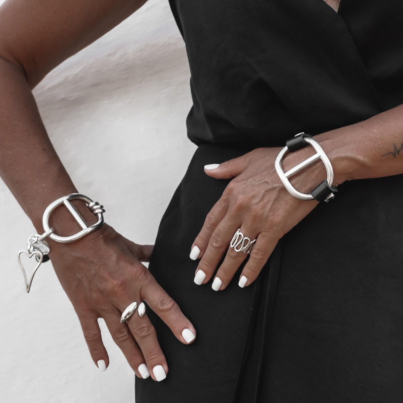 Chunky metal and leather statement Bracelet and Necklace set, Unode50 style cuff and long necklace, Large hoop set, unique standout jewelry