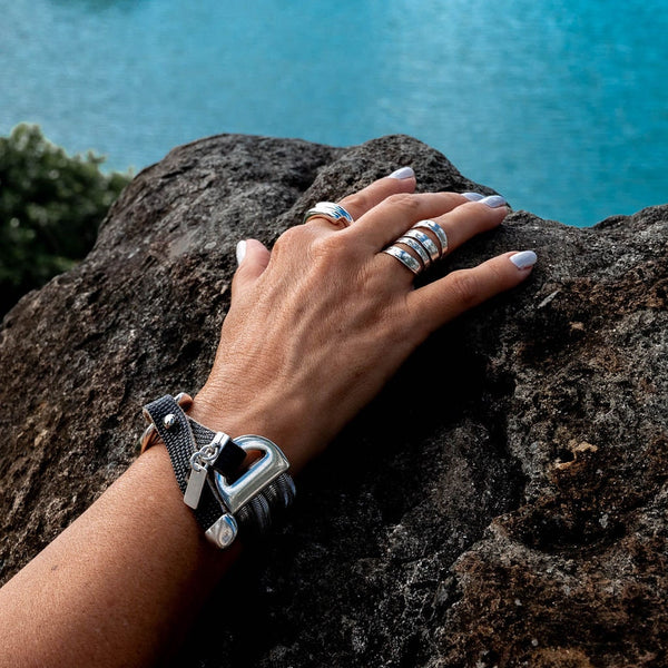 Bold snake chains bracelet with neutral woven leather band, Unique metal and leather bracelet