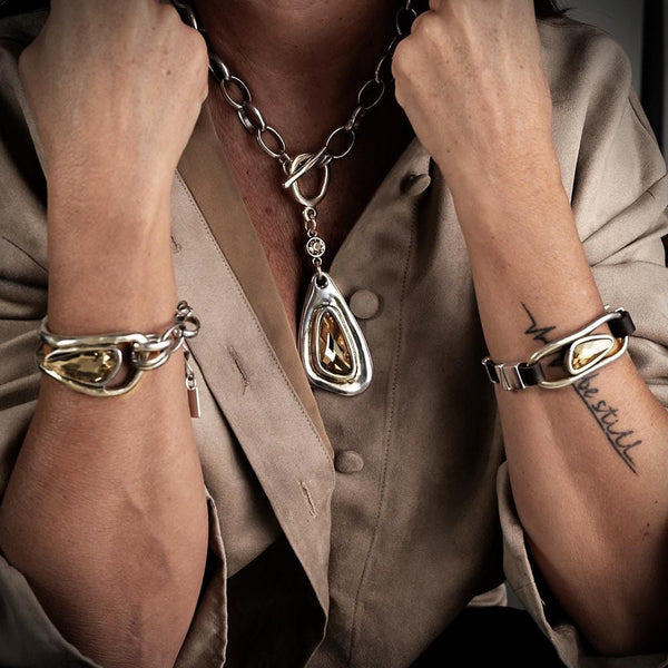Statement Austrian crystal necklace and bracelets, Standout unique jewelry set with Swarovski crystals in golden shadow color
