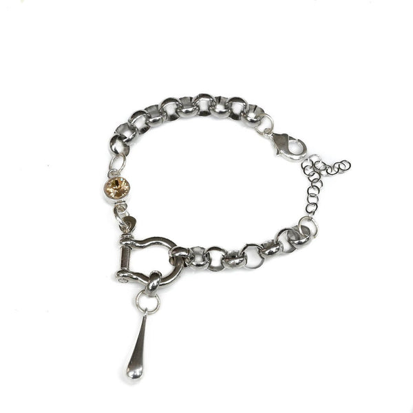 Rolo chain bracelet with shackle and Austrian crystal, Edgy chic U-bolt cuff with grey or tea colored crystal