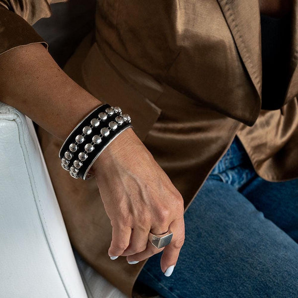 Bold Silver bangle with black leather and silver stud chain, wide statement cuff bangle