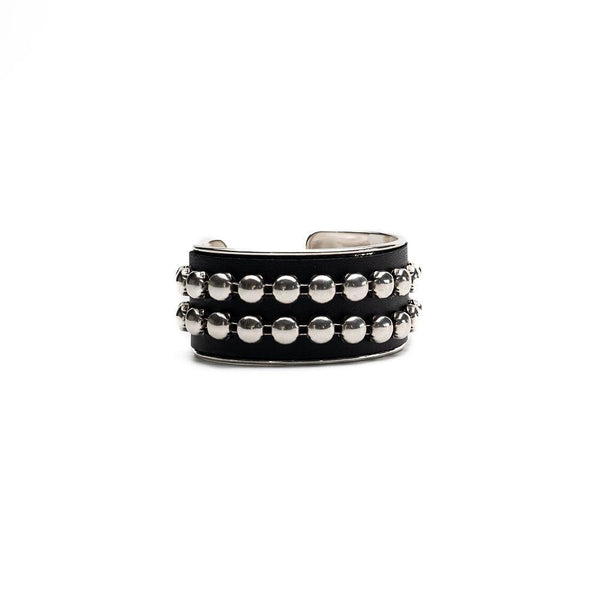 Bold Silver bangle with black leather and silver stud chain, wide statement cuff bangle