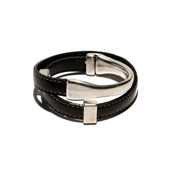 Wrap around bracelet with double stitched dark brown leather and silver-plated magnetic component, Gift for women to be worn daily