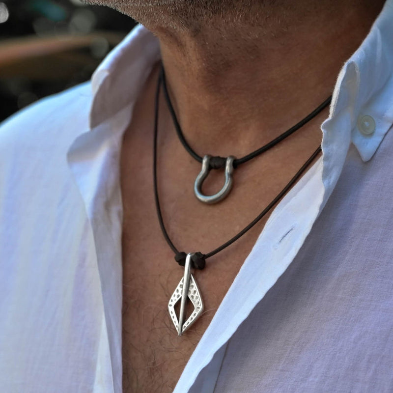 Men's leather and metal layered necklaces, Silver Shackle necklace