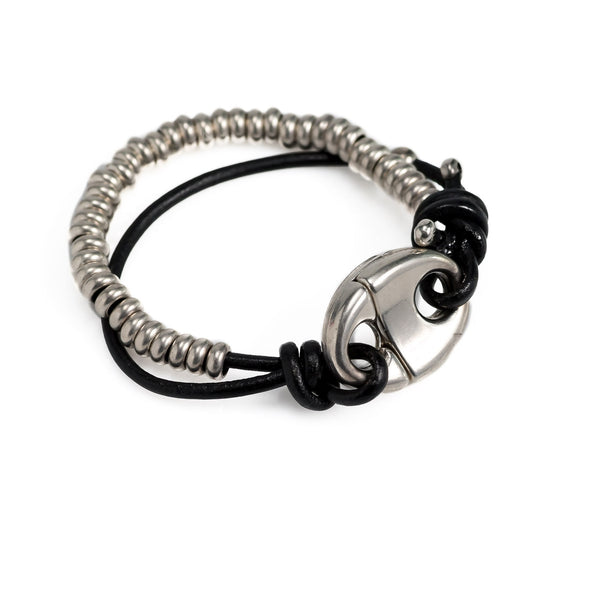 Unisex leather and metal bracelet, Strong beaded metal and leather bracelet for women with magnetic closure, unique bracelet for women