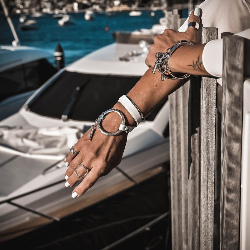 Unique wrap leather Bracelet, Standout unode50 style bracelet, edgy statement cuff bracelet, white leather and metal bracelet