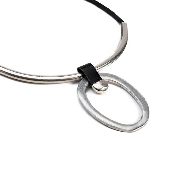 Large Circle Necklace, Modern Minimalist Leather and Metal Pendant Choker