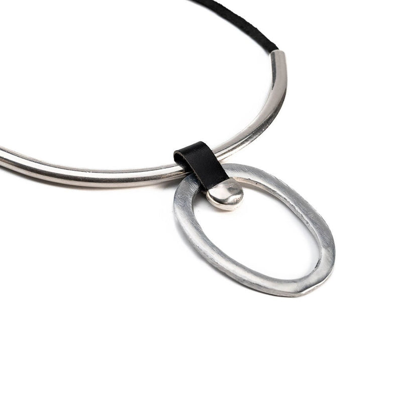 Large Circle Necklace, Modern Minimalist Leather and Metal Pendant Choker