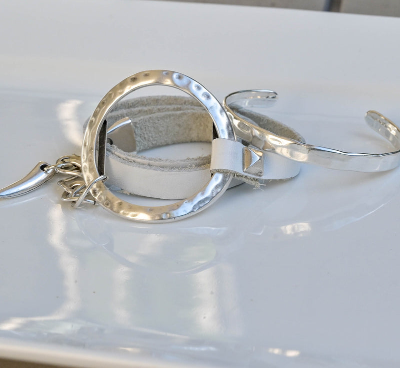 Unique wrap leather Bracelet, Standout unode50 style bracelet, edgy statement cuff bracelet, white leather and metal bracelet
