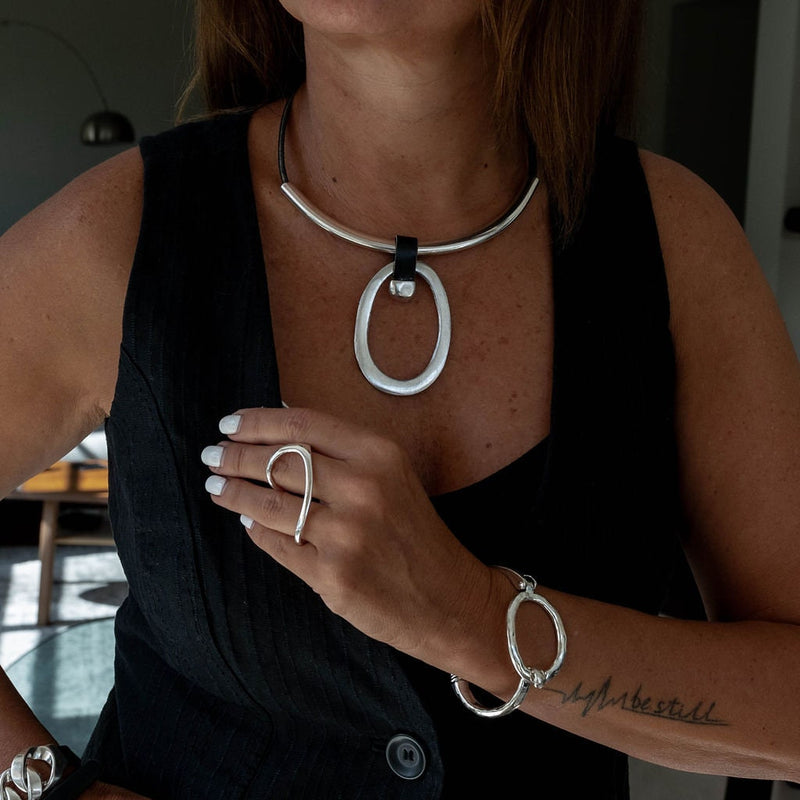 Large Circle Necklace, Modern Minimalist Leather and Metal Pendant Choker