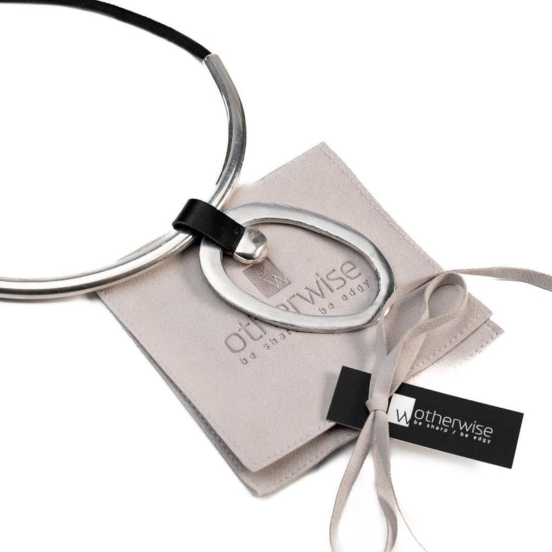 Large Circle Necklace, Modern Minimalist Leather and Metal Pendant Choker