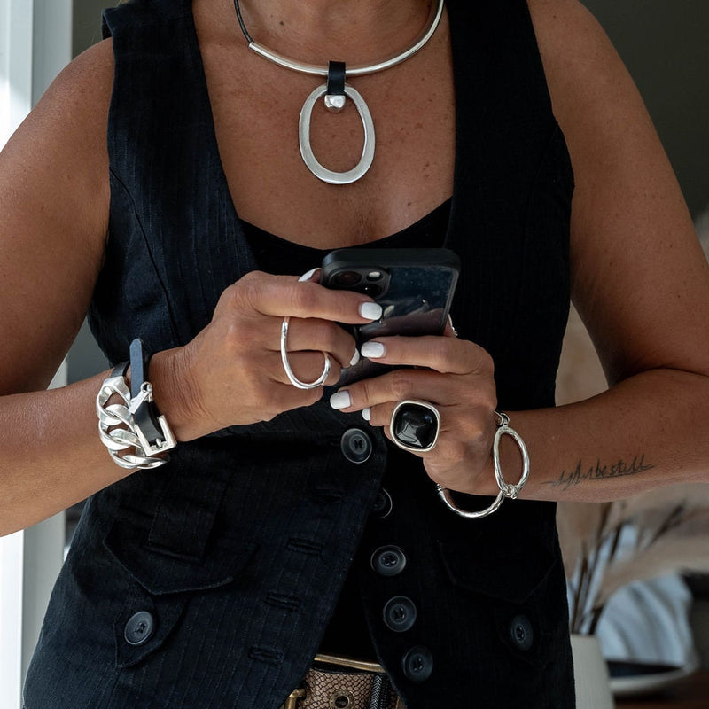 Large Circle Necklace, Modern Minimalist Leather and Metal Pendant Choker