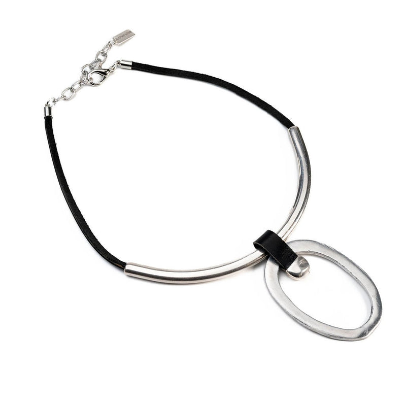 Large Circle Necklace, Modern Minimalist Leather and Metal Pendant Choker