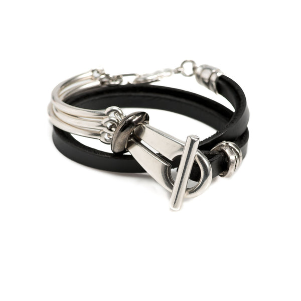 Black leather wrap bracelet with funky silver clasp