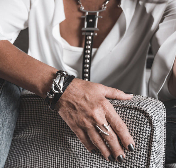 Black leather wrap bracelet with funky silver clasp