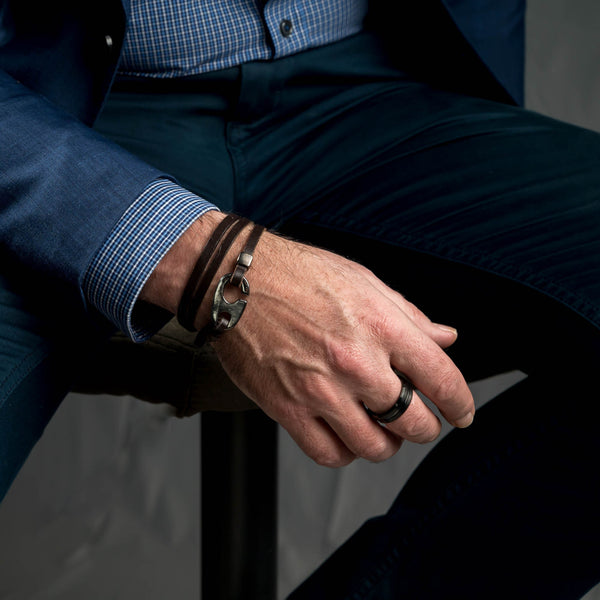 Black leather bracelet with gun metal buckle for men
