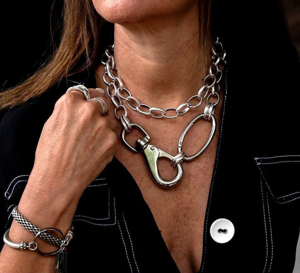 Long necklace with chunky industrial style lobster clasp, Bold wrap necklace with large bolt clasp and chunky chain
