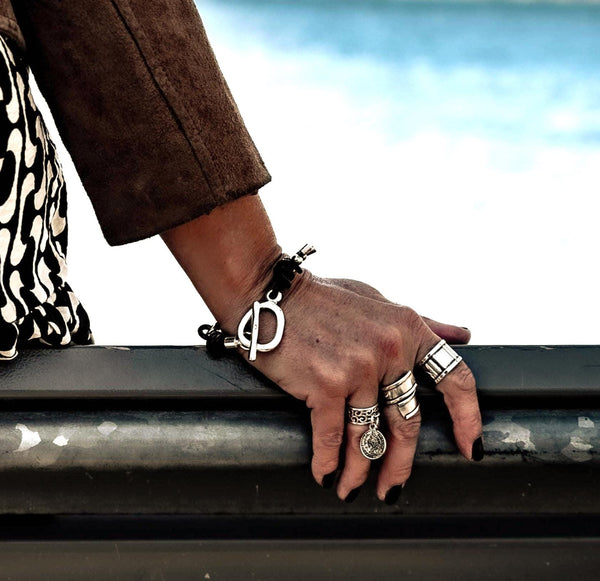 Cuff bracelet with leather and an asymmetric bar clasp, Unique women's bracelet for gift.