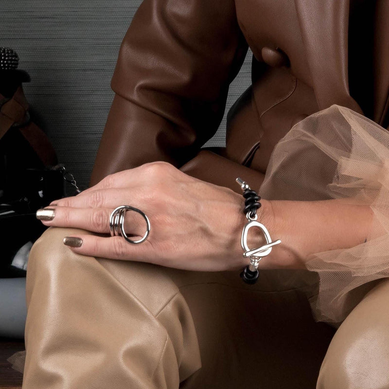 Cuff bracelet with leather and an asymmetric bar clasp, Unique women's bracelet for gift.