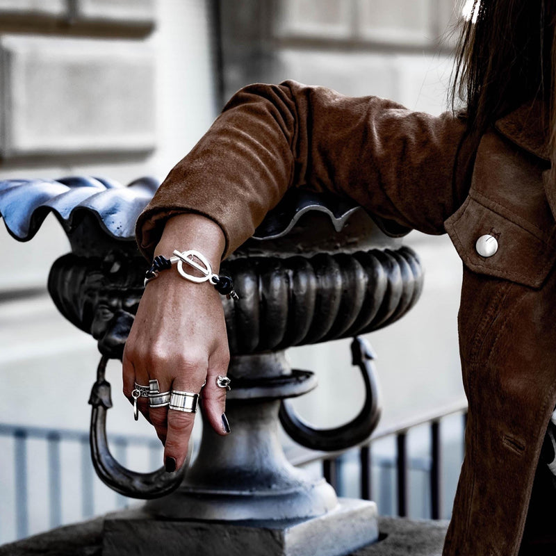 Cuff bracelet with leather and an asymmetric bar clasp, Unique women's bracelet for gift.