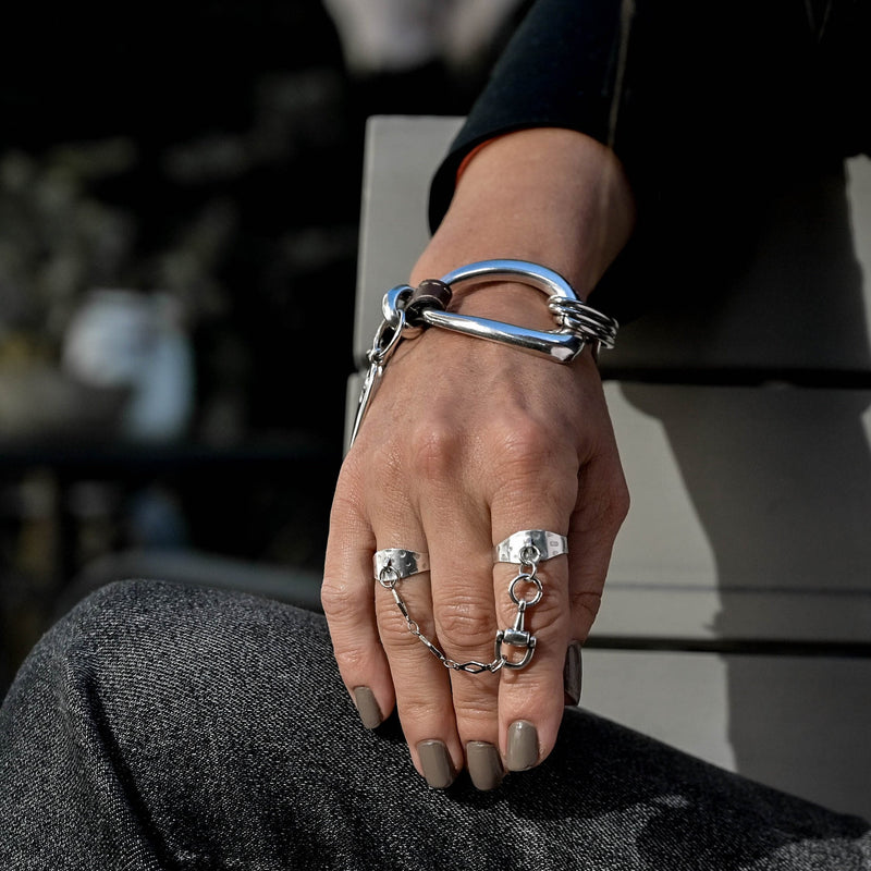 Double silver rings with chain, Adjustable horse bit rings, Equestrian silver rings, Brass Chevalier Rings